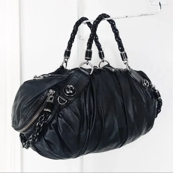 GUCCI Galaxy Two-Way Bag Black Leather Vintage Medium Satchel Purse Silver Chain - Picture 1 of 13